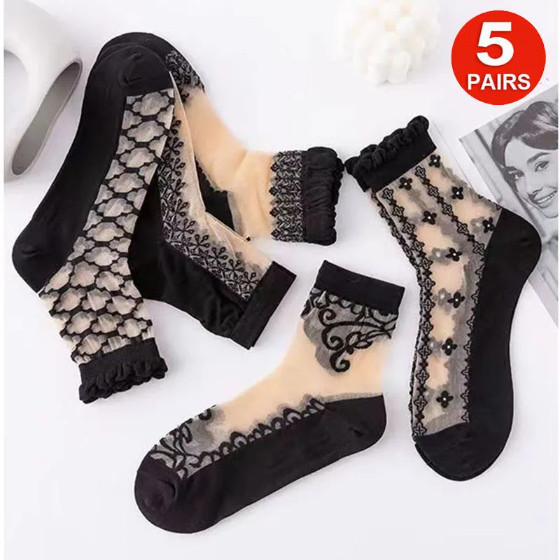 

5 Pairs Mesh Floral Mid Tube Socks Crystal Glass Short Thin Socks Women's Stockings Hosiery Crystal Glass Short Thin Socks