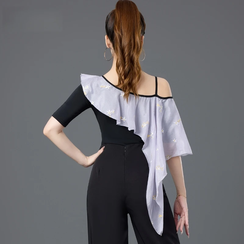 Latin dansjurk Topshirt Oefenjurk Nieuwe moderne dansjurk voor dames Vriendschapsdans Enkele schouder Mouw uit één stuk