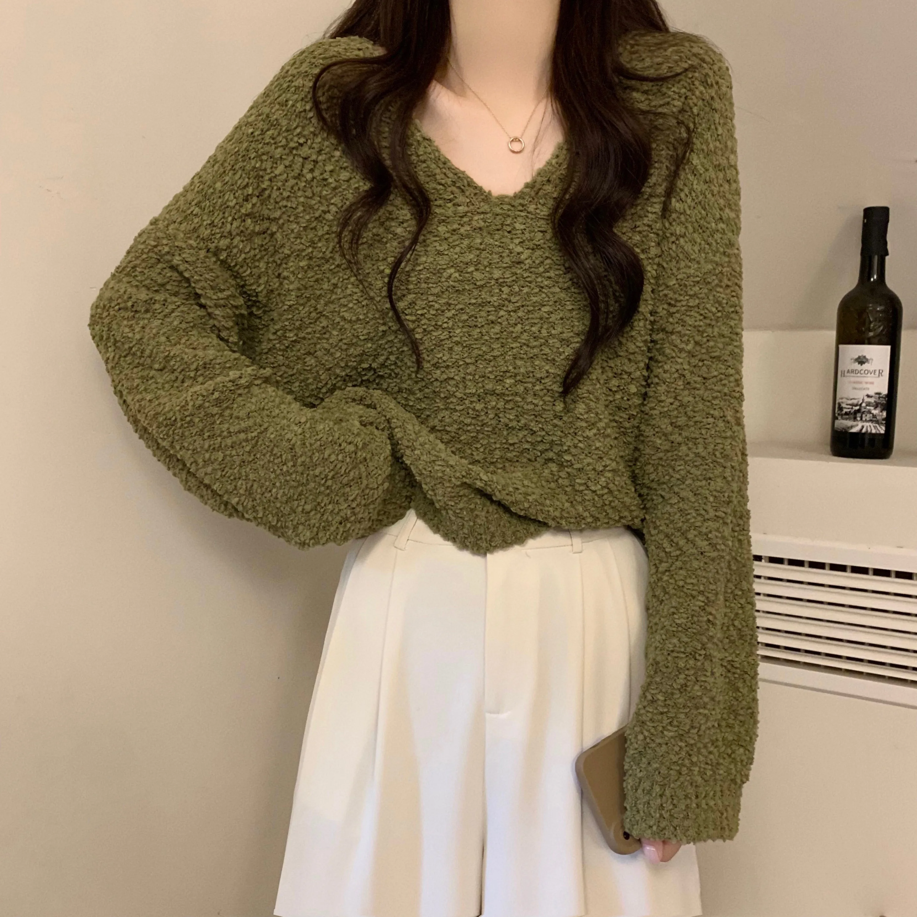 Loose Green Knitted Sweater Women's Casual V-Neck Long Sleeve Fashionable Comfortable Cotton Blend Spring Autumn Wear