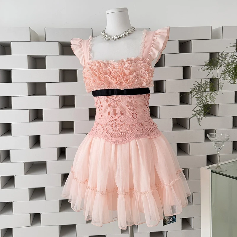 

Princess Dress Pink Mini Dress Fashion Elegant Lace Tulle Prom Party Wedding Guest Lace Embroidered Flower Short Dresses Women
