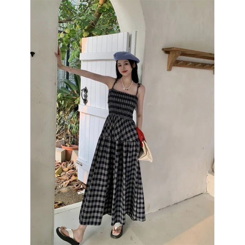 Fashion Women Spaghetti Strap Plaid Dress Fashion Elegant Female Ankle Length Dress Korean High Waist Student A Line Dresses2024