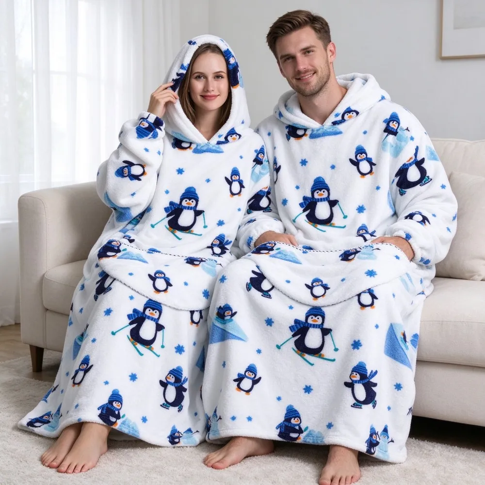 Oversized Wearable Blanket Hoodie For Men Women Cartoon Print Flannel Hooded Blanket With Sleeves Couple Matching Home Robe XL