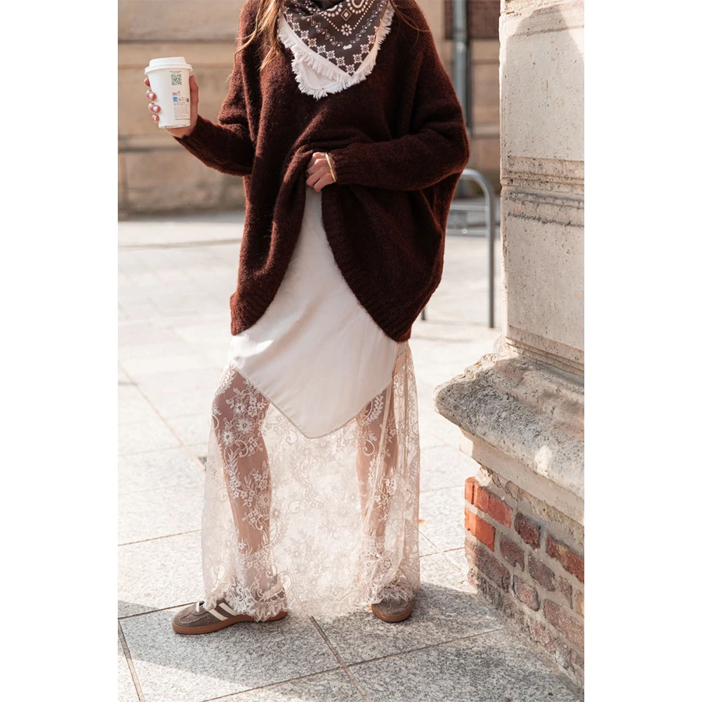 

Women Fashion Fairycore Satin Lace Patchwork Long Skirts Elegant High Waist See Through Office Casual Long Skirts Streetwear