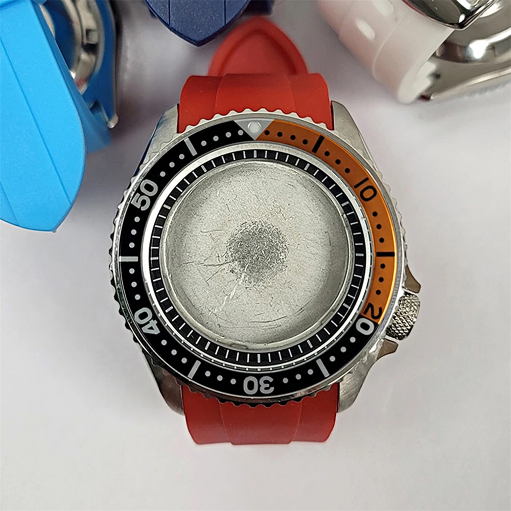 41.5MM Chono Diving Watch Case Red Rubber Band Dual-color Sub Bezel Black/White Inner Ring For NH35 NH36 4R Movement