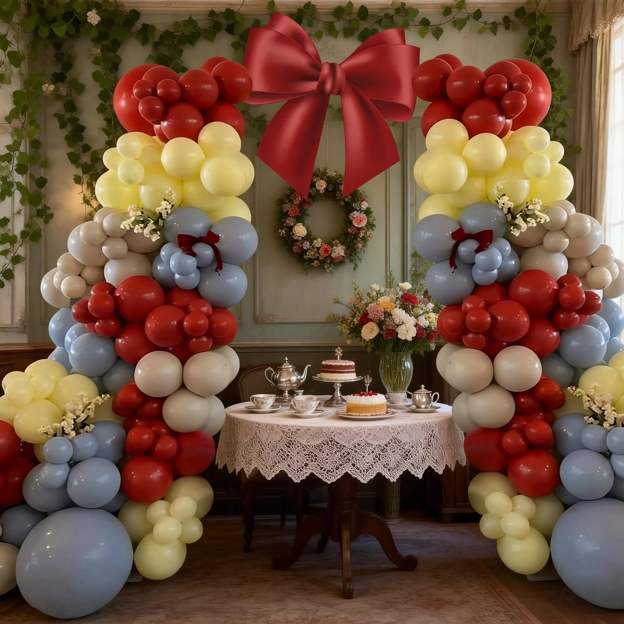 144-teiliges Prinzessinnen-Ballon-Girlanden-Set, Burgunderrot, Blau, Gelb, Sandweiß, Latexballons, geeignet für Frühlings-Teepartys, Mädchen-Geburtstagsfeiern, Junggesellinnenabschiede, Babypartys, Märchen-Prinzessinnen-Themenpartys – Detail 4