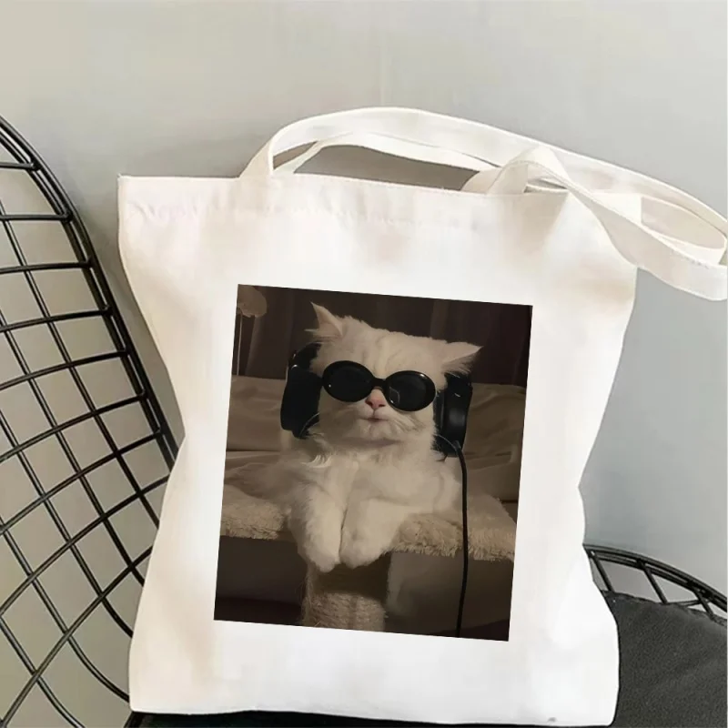 Cool Cat Canvas Bag Tote Bag Shoulder Bag Handbag Hipster White Cat with Headphones Print Trendy Gift For Teens Music Lovers
