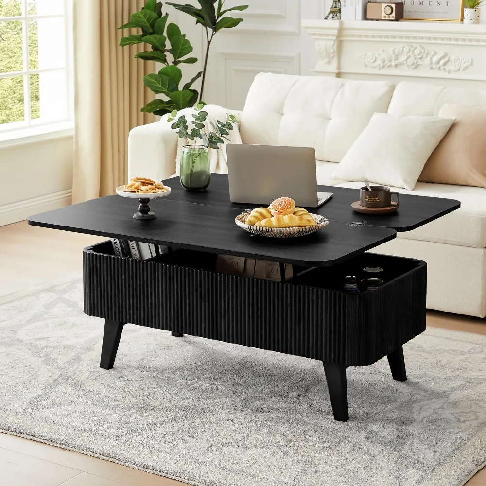 Fluted Lift Top Coffee Table, 3 in 1 Convertible Coffee Tables Converts to Dining Tables, Modern Oval Wooden Center