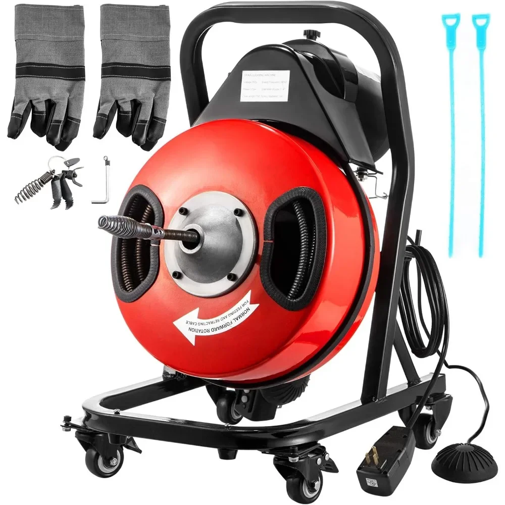 

Sewer Snake Cleaning Machine on 4 Wheels Electri Drain Auger with 4 Cutters & Foot Switch for 1''-4'' Pipes