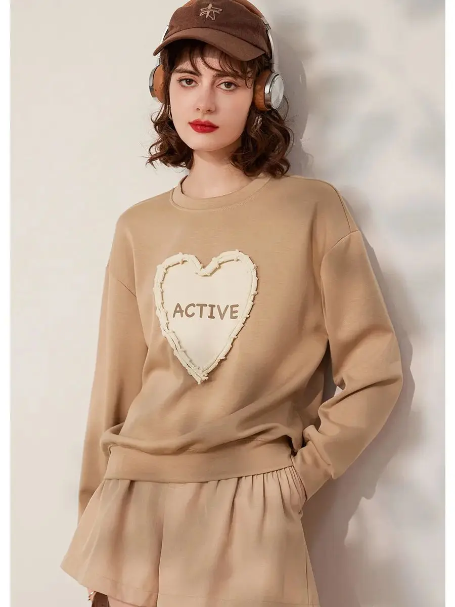 LOUIS YAO Women Sweatshirt Round Neck Long Sleeve 2024 Spring Loose Fit Drop Shoulder Sleeve Love Shape Pullover Top