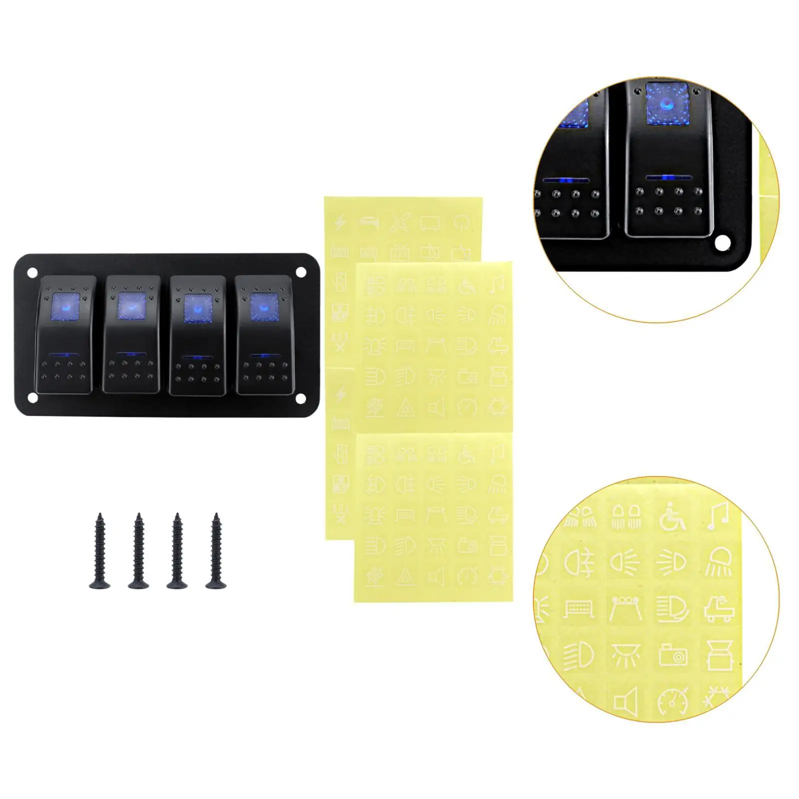 4 Gang Aluminum 12-24V Universal Rocker Switch Panel Blue Backlit Switch Toggle for Car Boat Vehicles RV Automotive