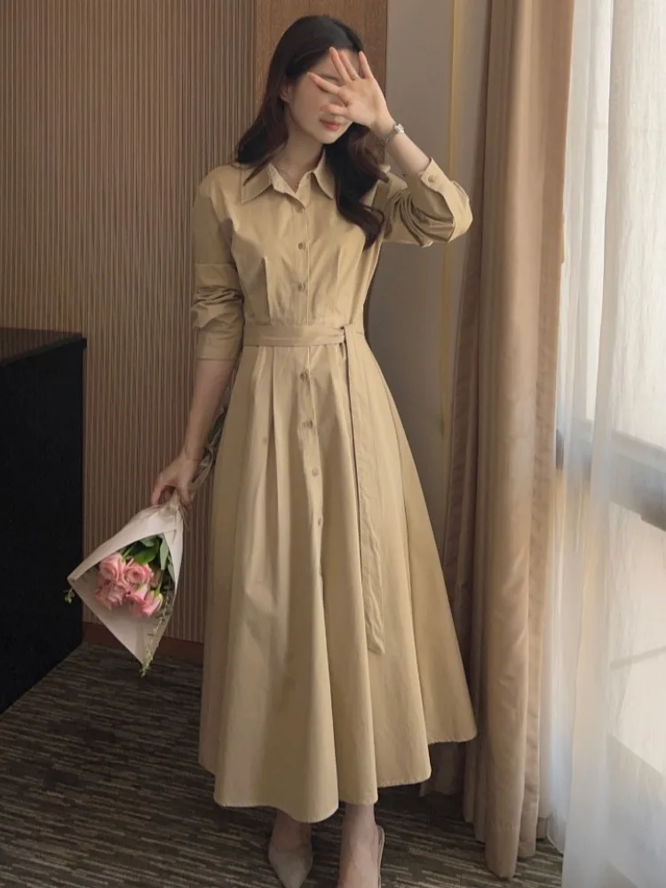 

Ele Autumn Winter Retro Chic Long Sve A-Line Dr Women's Faion Pleated Slimming Wrap Ne Single Button Skirt Dr