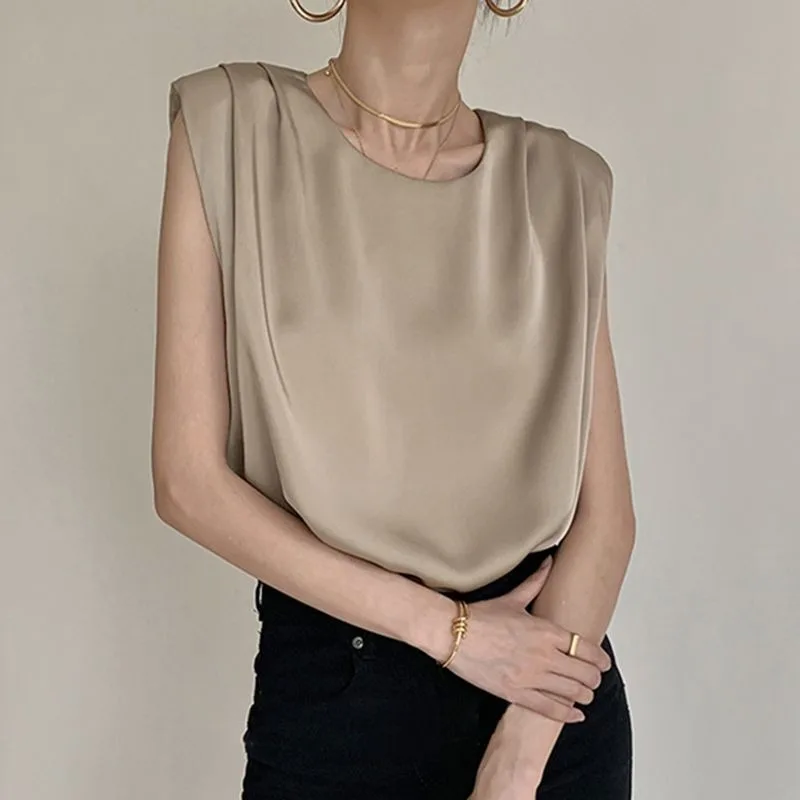 

Deeptown Sleeveless Basic Women's Satin Blouses Old Money Elegant Summer Female Shirt Korean Fashion Office Lady Solid Color