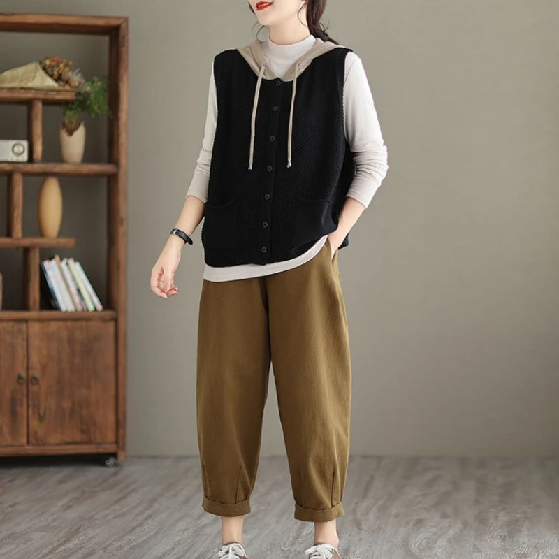 Artistic Retro Colorblocked Hooded Button Pocket Pure Cotton Knitted Cardigan Sleeveless Vest Loose Spring Autumn Fall Outerwear