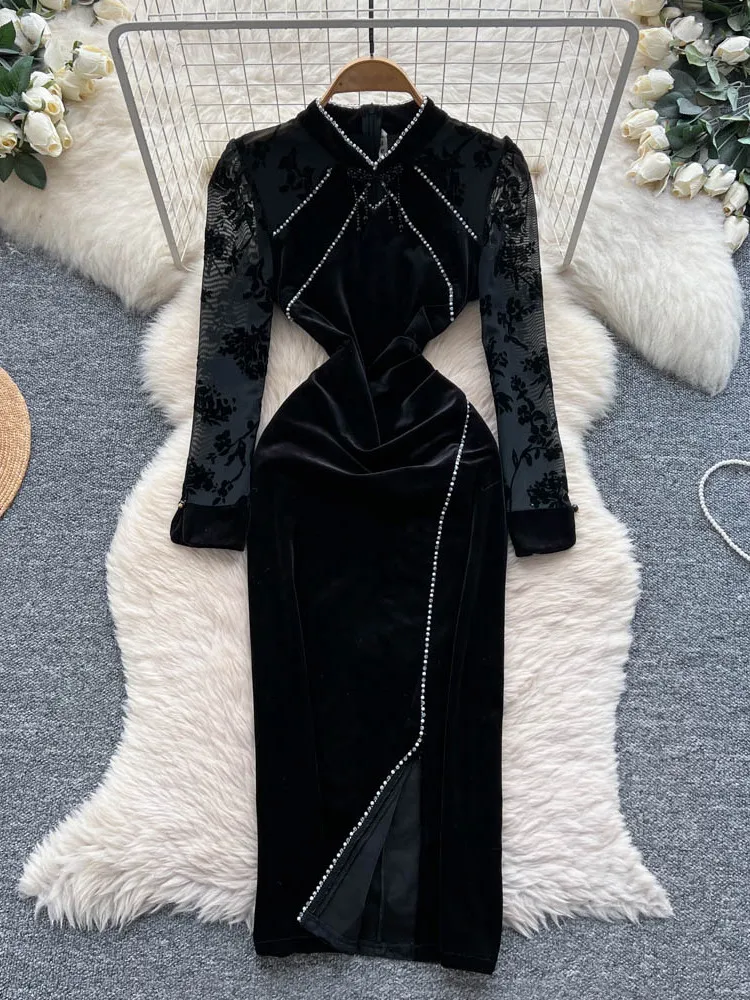 Faionable Chinese Sle Damen Dr Velvet Long Sve Stehkragen Patchwork Abendkleid Ci Pendeln Hohe Taille A-Linie...