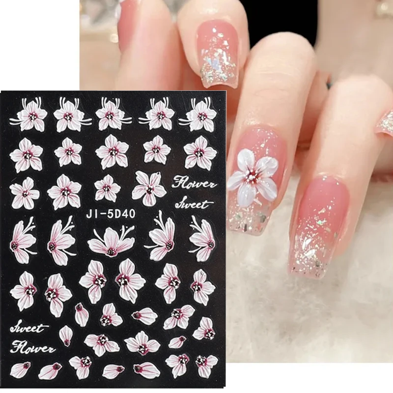 5D Embossed Flowers Nail Stickers Petals Lines Decals Nail Charms Butterflies Relief Sliders DIY Manicure Decoration