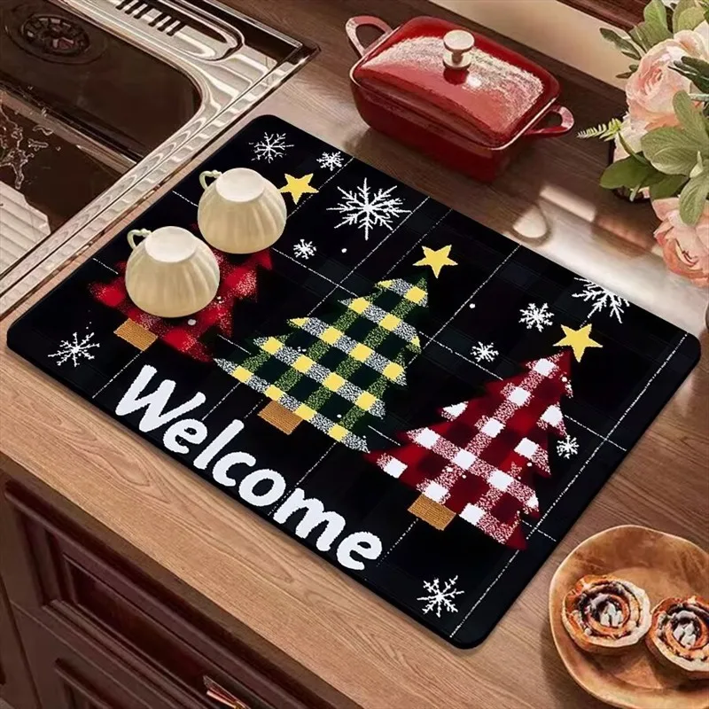 VIKAMA Diatomite Drying Mat Water Absorbing Fast Drying Non-Slip Heat Resistant Kitchen Counter Plaid Tree Welcome