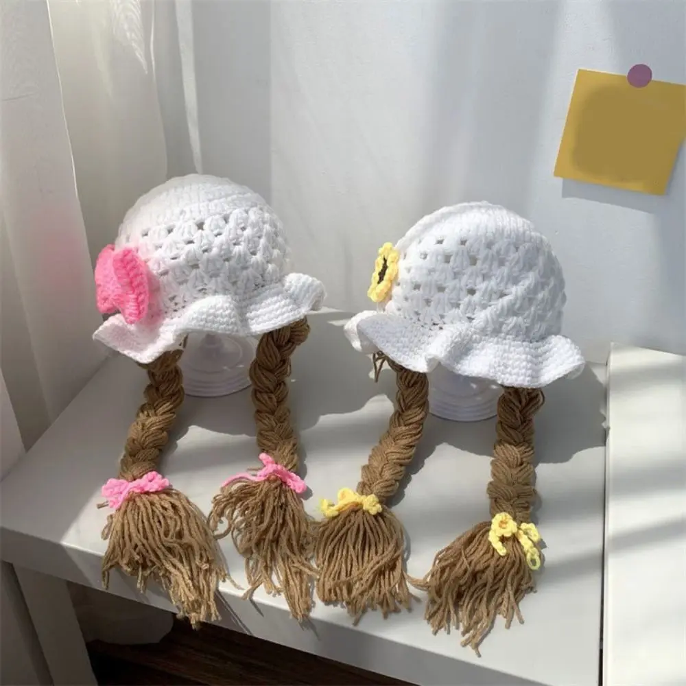 

Cute Cartoon Wig Knitted Hat Bow Cherry Baby Beanie Cap Wool Crochet Kids Warm Hats Newborn