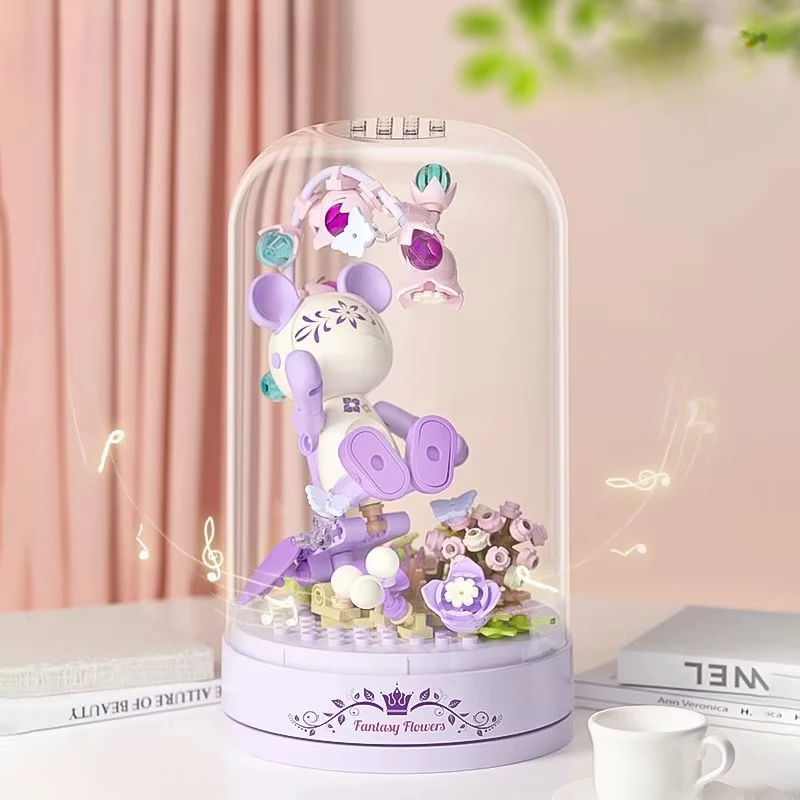 Star Bear Music Box Building Blocks Children's Building Toys Ocean Flowers Assembled Music Box Girl Model Ornaments Holiday Gift