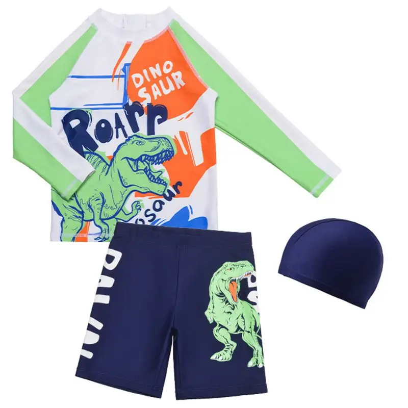 3Pcs Children Boy Dinosaur Printing Long Sleeves Shorts Caps Swimwear  Sunscreen Prevention Quick Drying Swimwear