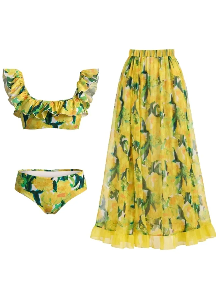 Retro Bikini Printed Fashion Three Piece Swimsuit And Cover Up With Skirt Tight Women's Bandage Summer Beach Luxury Elegant