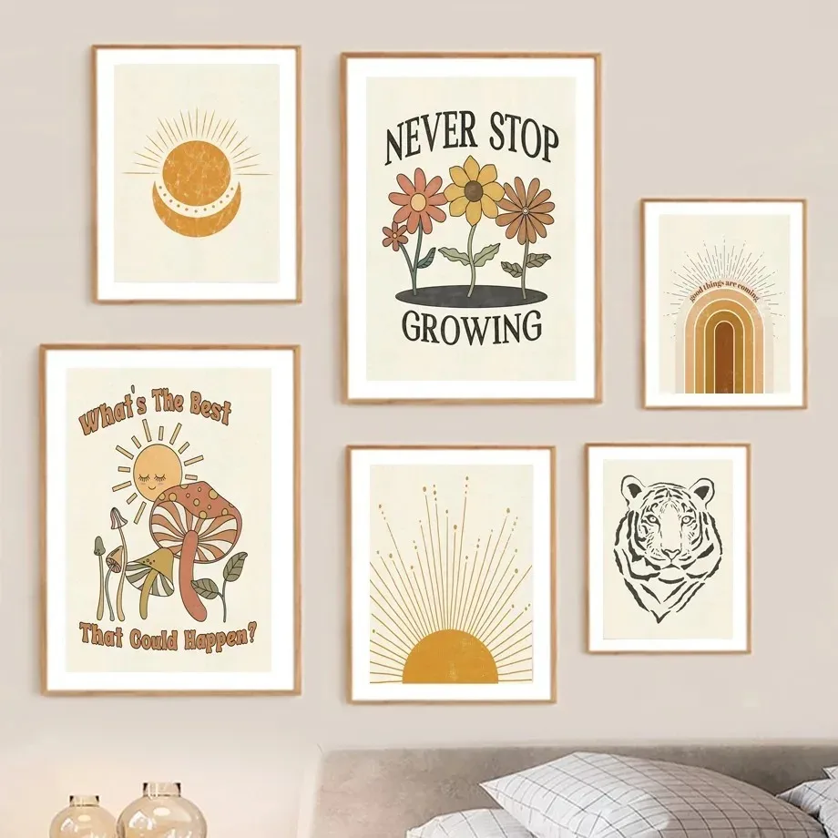 Rainbow Moon Sun Flower Mushroom Tiger Posters and Prints Wall Art Canvas Painting Wall Pictures for Living Room Room