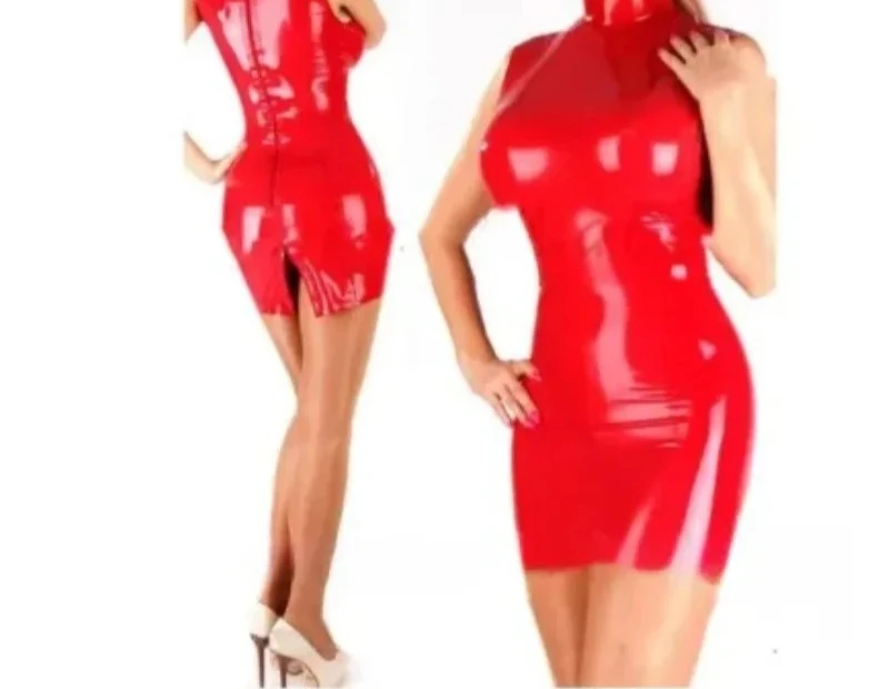 

customized Sexy Women Red Latex Dress Summer Rubber Dress Party Club Wear High Collar Sleeveless Mini Dress Costumes