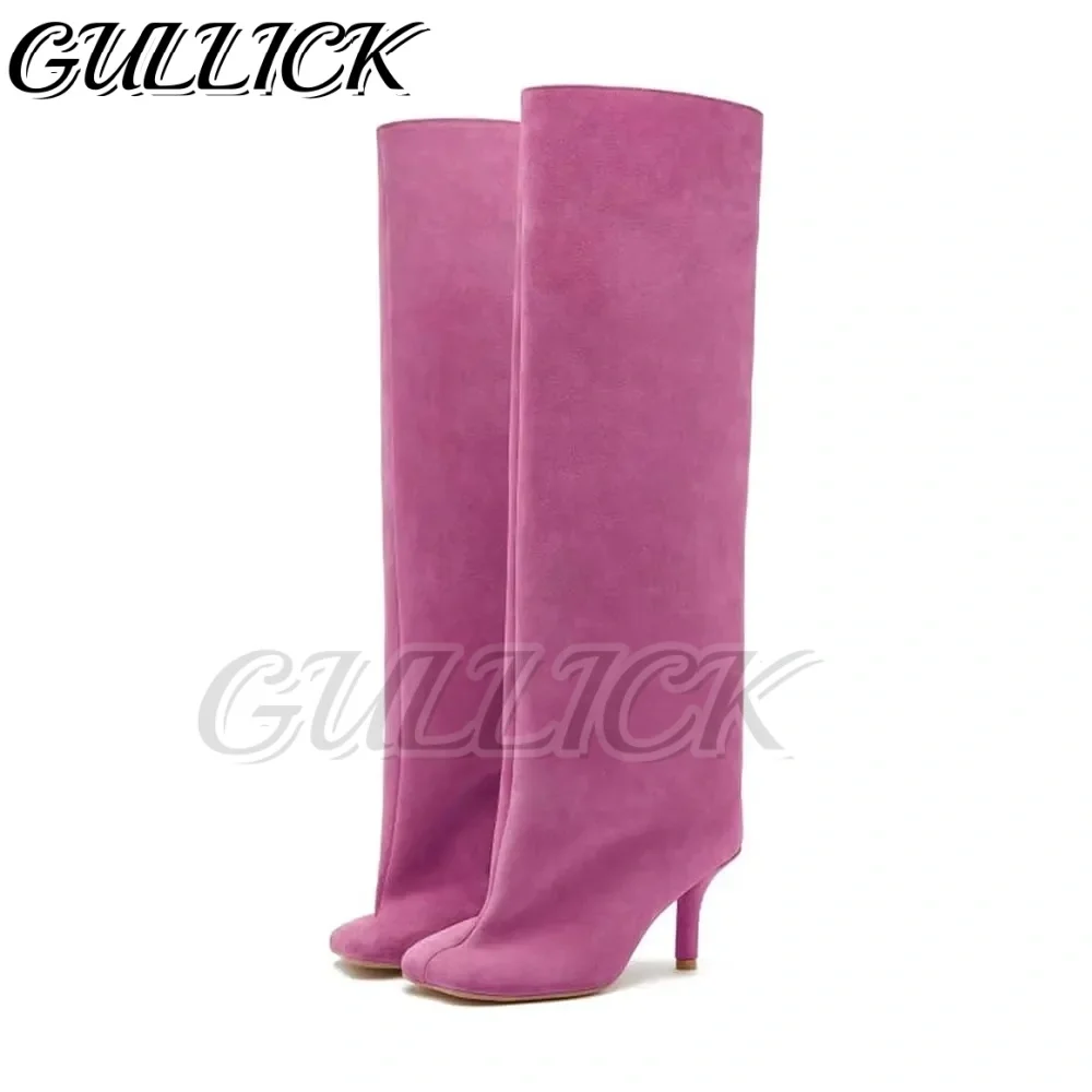 

Solid Suede Wide Fit Knee-high Boots Raspberry Pink kitten Heel Pull On Botas Women Designer Long Slip On Fashion Shoes Big Size