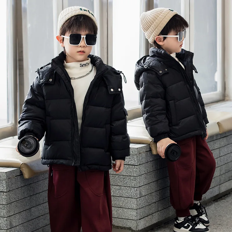 Korean Winter Children Girls Down Jacket Solid Hooded Sticker Warm Zipper Kids Baby Girls Outerwears Teenager Girls Coat