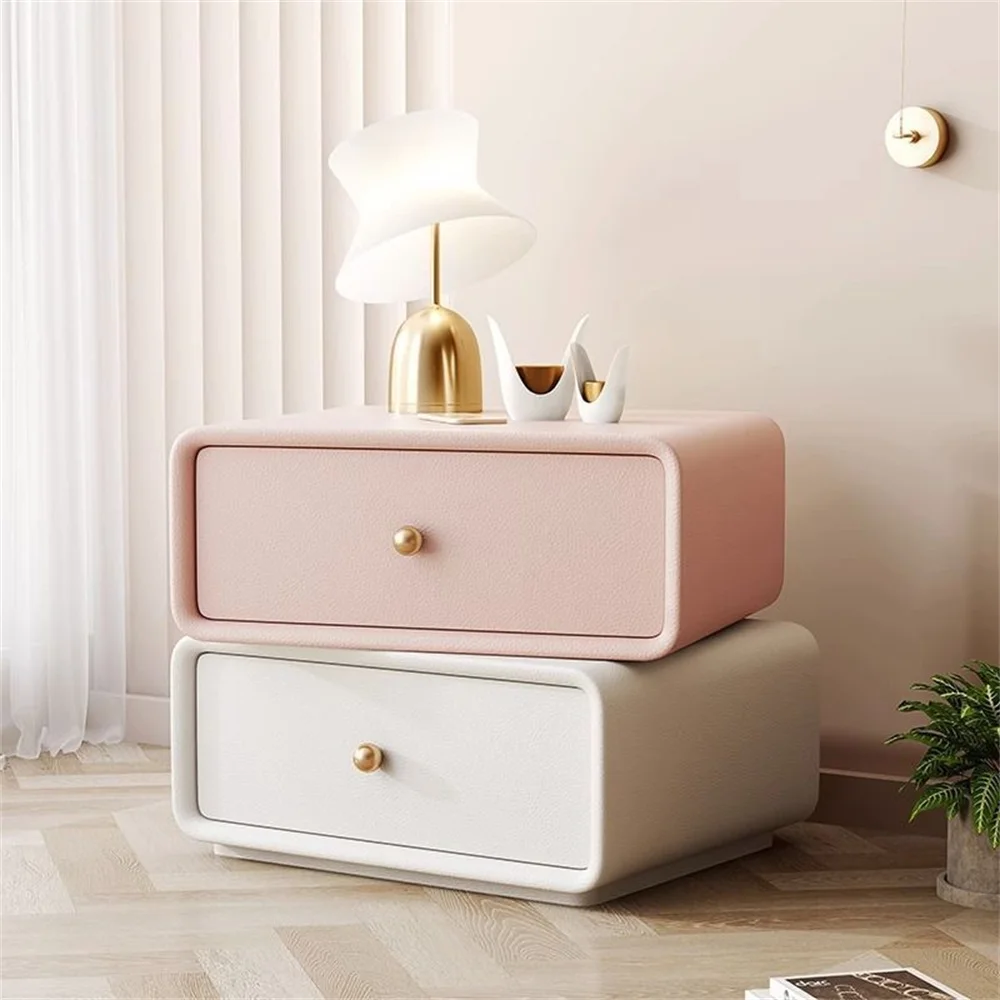 Pink-and-white color matching rotating bedside table, decorated with golden handles and silent slide rails, suitable for bedroom