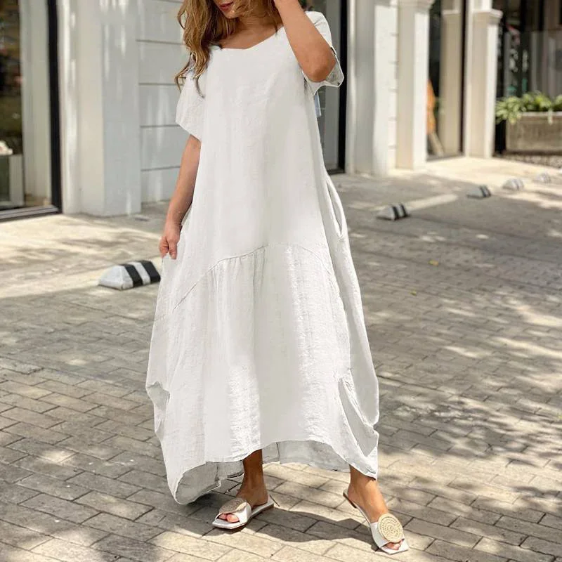 Women Literary Style Solid Color Loose Cotton Linen Dress Summer O Neck Pullover Casual Dresses Female Side Double Pockets Gown