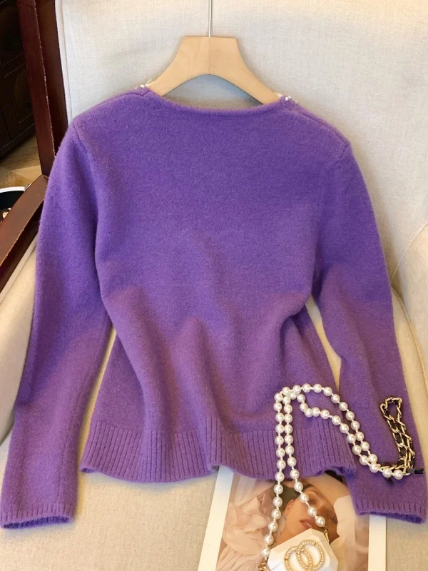 ey الدانتيل الربط فضفاض محبوك V-Ne المرأة الخريف الشتاء الثقيلة مزين الماس قاعدة سترة مريحة تريكو #4