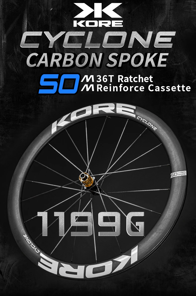 KORE CYCLONE Carbon-Speichenlaufradsatz-50mm-T1000 Carbon-Felgen 36T/60T Ratchet-Nabe XDR/HG 700C Design für ultraleichte Straßenrennen – Detail 2
