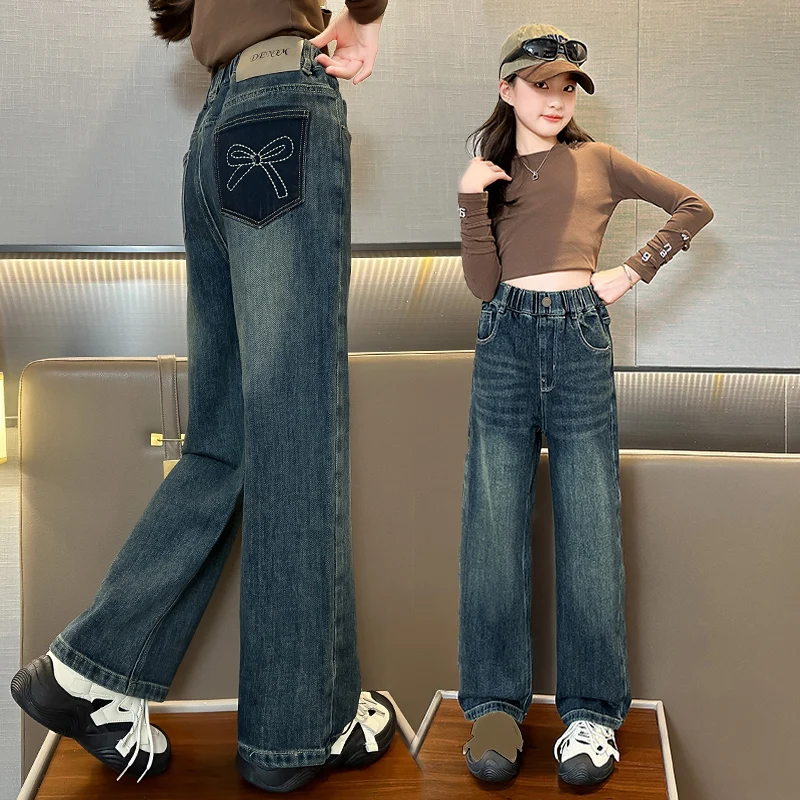 Girls' Straight-leg Jeans with Bow-Knot Stitch Pocket - Autumn/Winter Collection, Loose Children's Pants