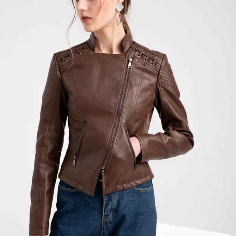 Dames vintage effen kunstleer jas mode losse lange mouwen ritszakken korte jas 2025, herfst casual straat uitloper