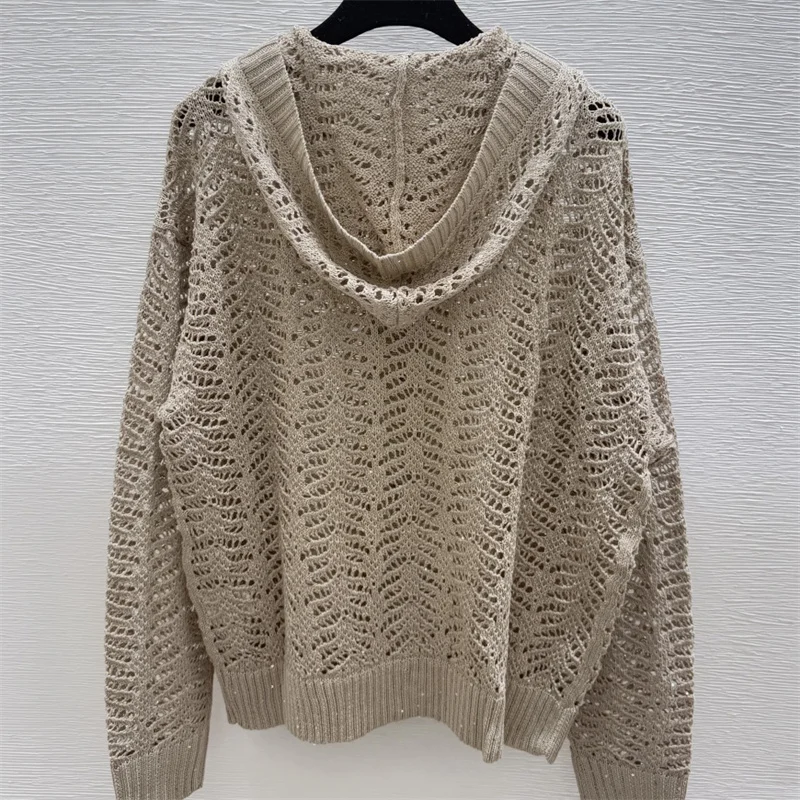 Vest voor dames Nieuwe elastische gebreide holle top met lange mouwen voor de herfst 2025, damestrui met pailletten, y2k dunne jas