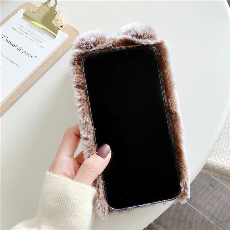 Soft Plush Phone Case For iPhone 15 14 13 12 11 Pro Max 12 mini iPhone 6 6s 7 8 Plus 3D Furry Rabbit Bunny Warm Fur Hair Cover