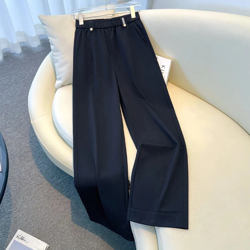 

Women's new narrow wide-leg pants for spring and autumn, elastic waist, drapey straight cut, loose fit, petite size, navy blue c
