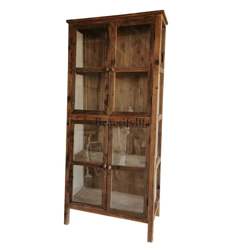 American country glass cabinet all solid wood old weathered display dining side storage wine cabinet