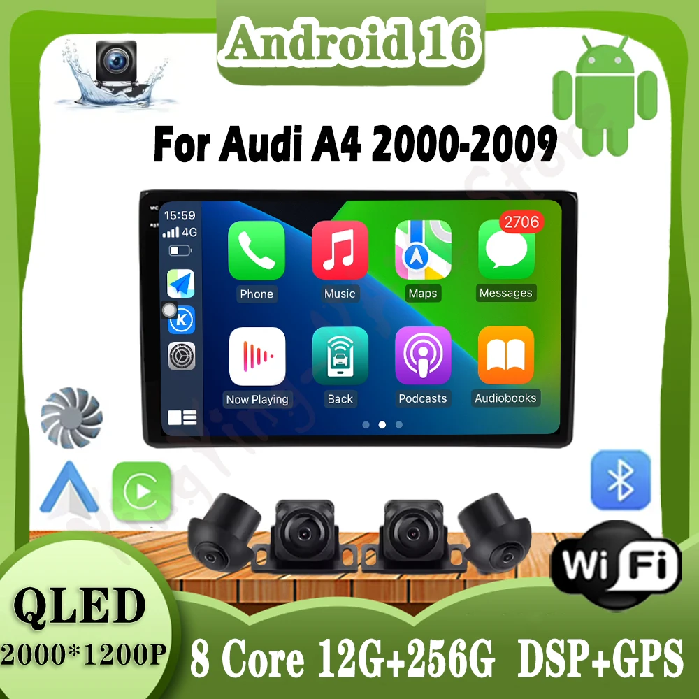 أندرويد 16 سيارة فيديو مشغل وسائط متعددة لأودي A4 2000-2009 Carplay DSP ستيريو نظام تحديد المواقع والملاحة BT 4G WIFI #1