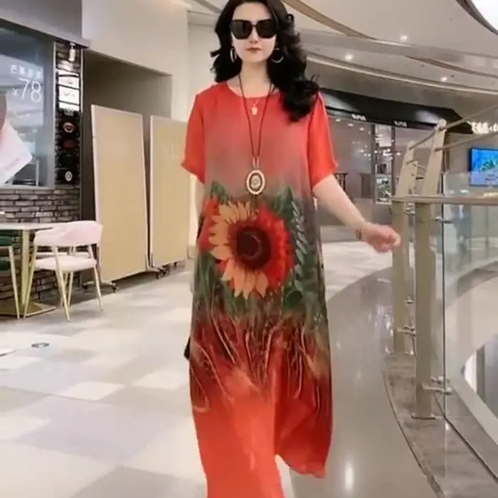 2022 Mùa Hè Mới Bohemian Ăn Mặc Thời Trang Nữ Lỏng Lẻo Rộng Lady Dâu Váy Lụa Phụ Nữ Cổ Tròn In Áo Thun Dài Ăn Mặc