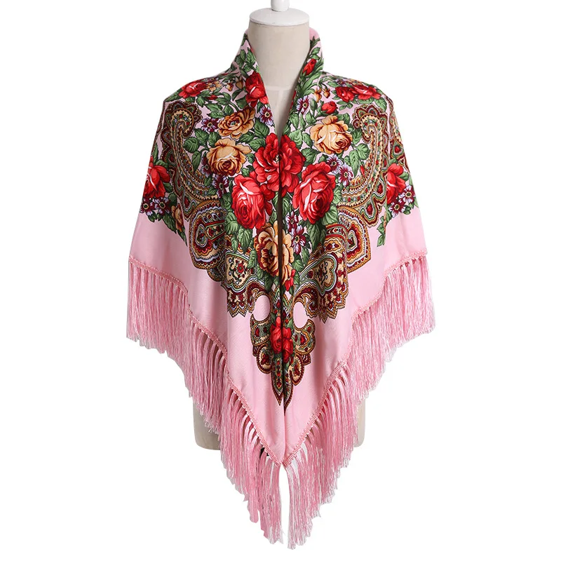 Russian Cloak Large Flower Printed Generous Scarf Women's Shawl Warm Autumn Winter multi-function Scarf  Ponchos Capes White