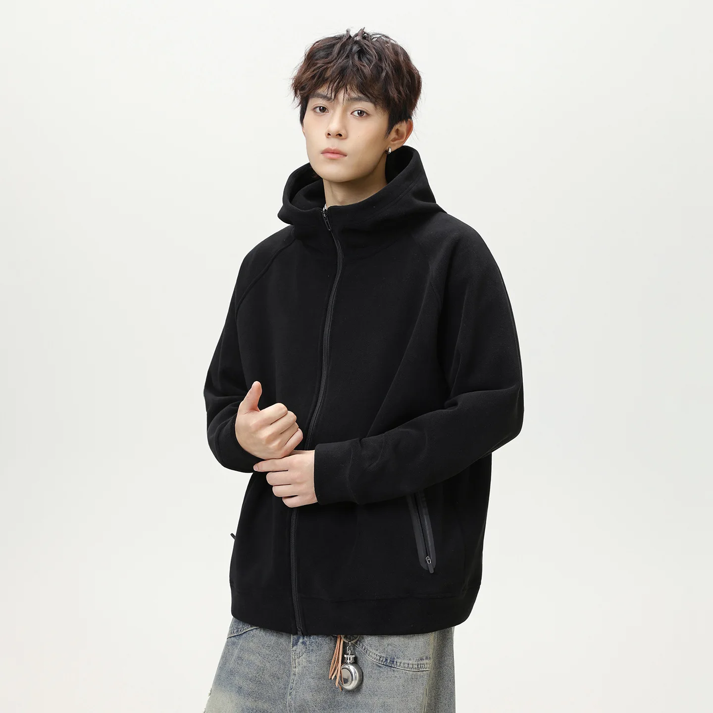 

Cardigan Zipper Hooded Jacket Men Autumn Winter Textured Loose Sweatshirt Double-Sided Fleece Thickened Warm Sports Hoodie AVZF