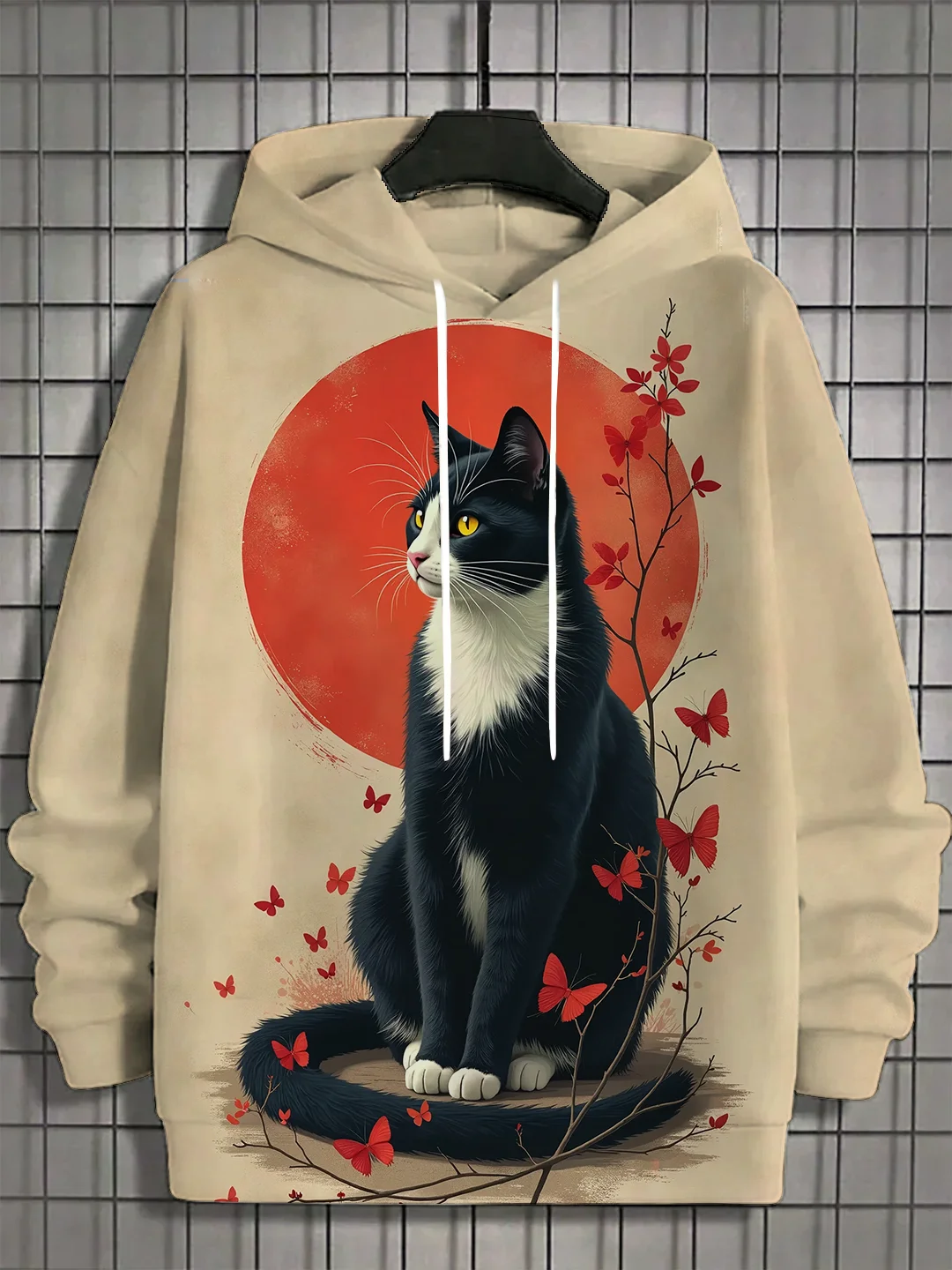 Japanese Samurai Cat Print Men's Hoodies Street Trend Hip Hop y2k Clothes Fashion Pullover Autumn and Winter Casual Sweatshirts