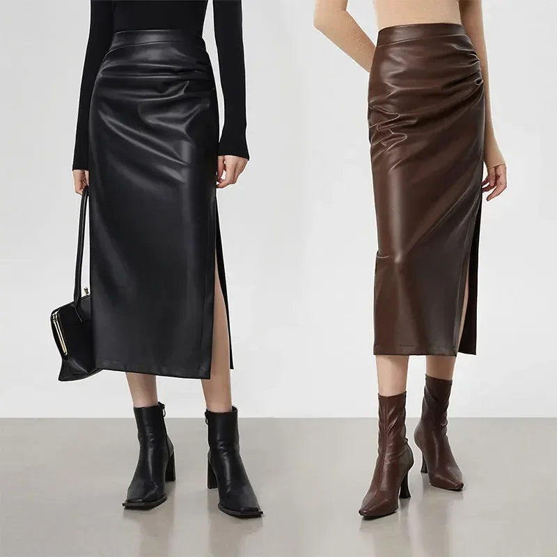 

Vintage Matte Leather Midi Skirt Women High Waist Straight Skirt Hem Side Split Ladies Elegant Stetch PU Skirt Party Custom New