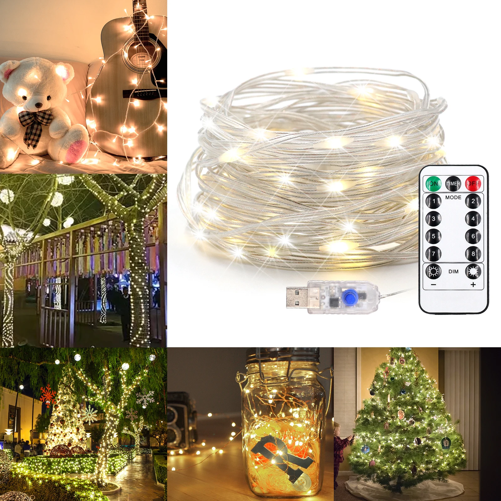10M Remote Control LED Fairy Lights 5V USB Powered Cool/ Warm White Outdoor Waterproof LED Christmas String Light Timer 8 Mode