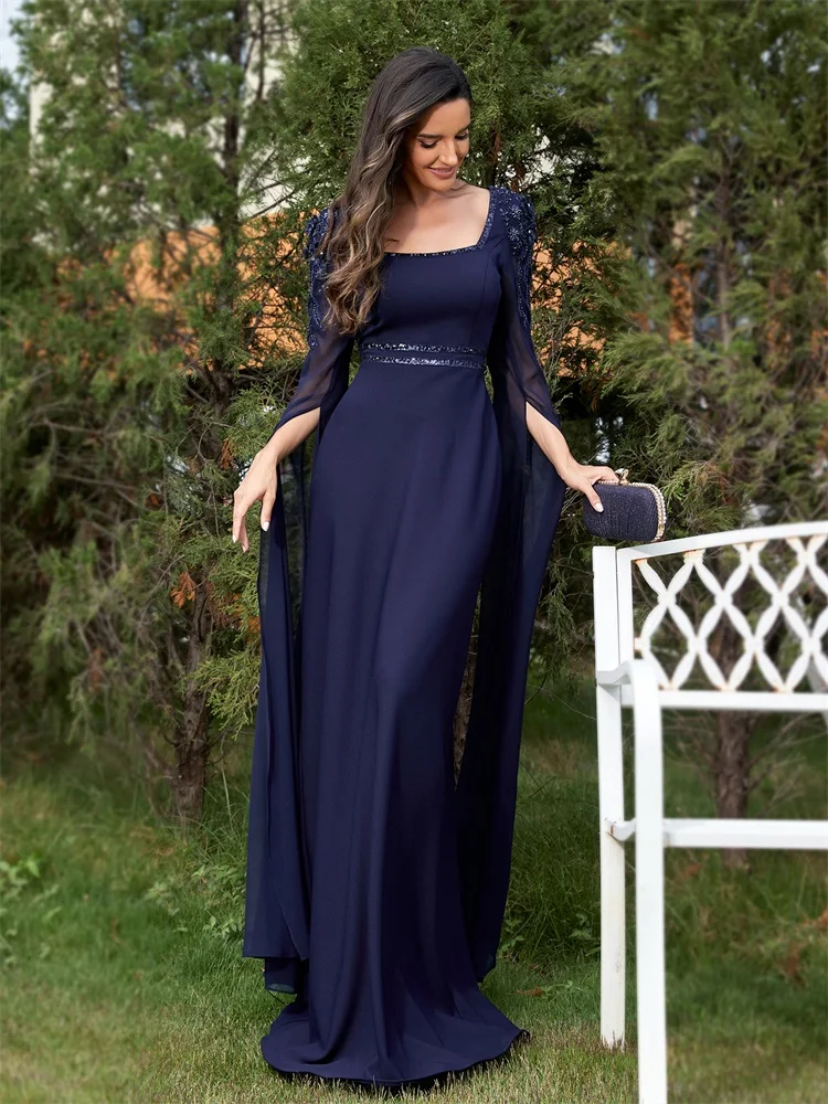 Lucyinlove Luxe Chiffon Lange Mouwen Navy Avondjurk Lange 2024 Elegante Jurk Trouwfeest Prom Arabia Cocktailjurk Jurk