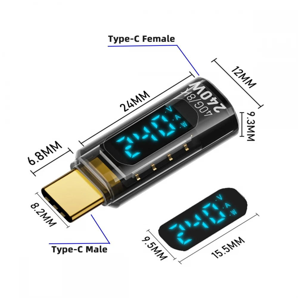 Adaptador USB4 conector Monitor extensor macho a hembra 240W 40Gbps transmisión bidireccional con pantalla inteligente LED