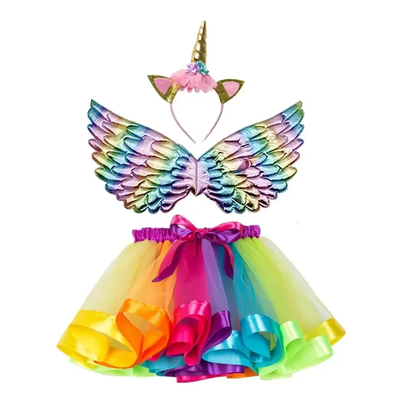 Girls Unicorn Birthday Party Skirts Baby Girl Rainbow Tulle Skirts+Wing+Unicorn Headband Miniskirt Sets Princess Cosplay Costume