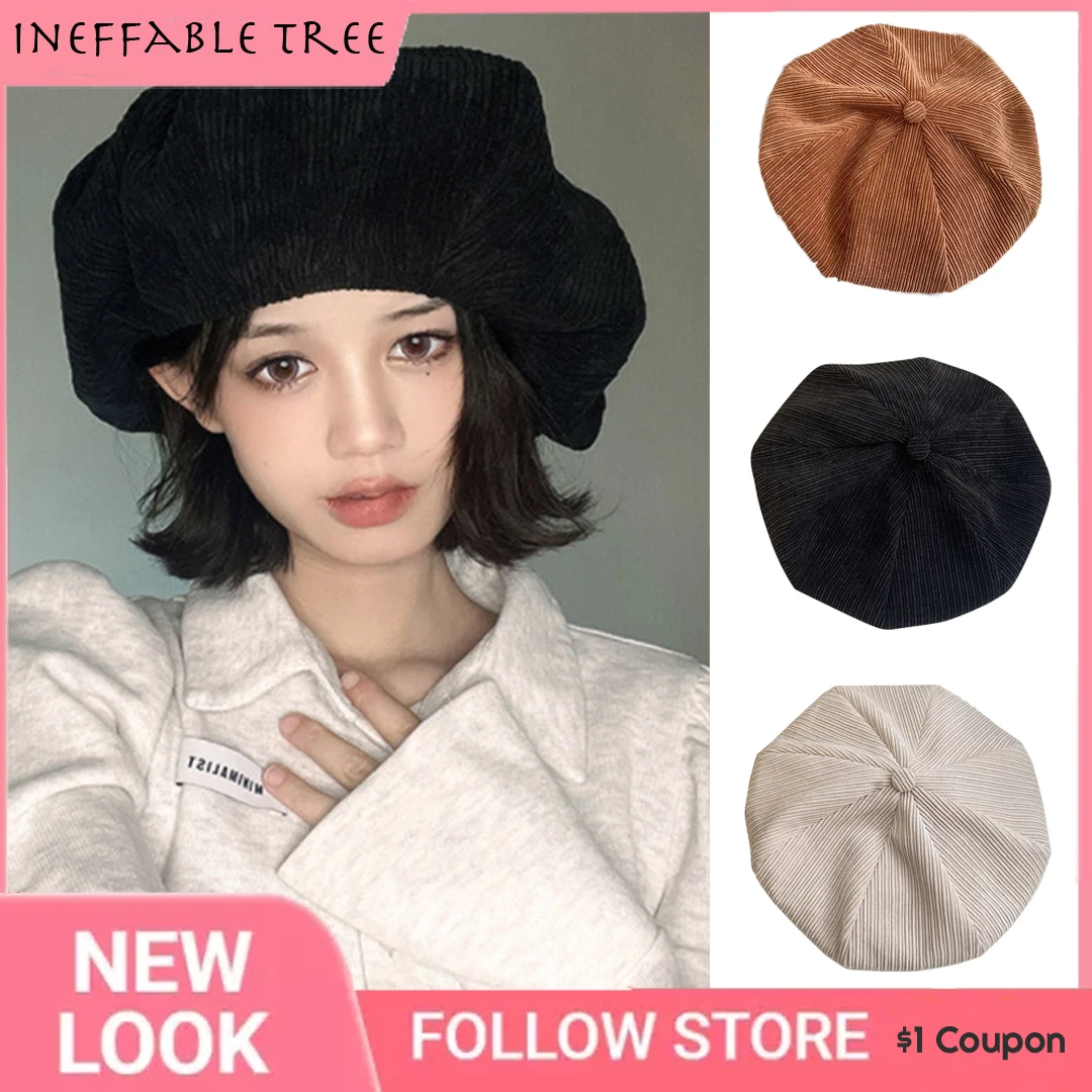 Y2K Corduroy Cloud Cap Female Autumn Winter Japanese Big Head Around Beret Show Face Small Octagonal Painter Gorras