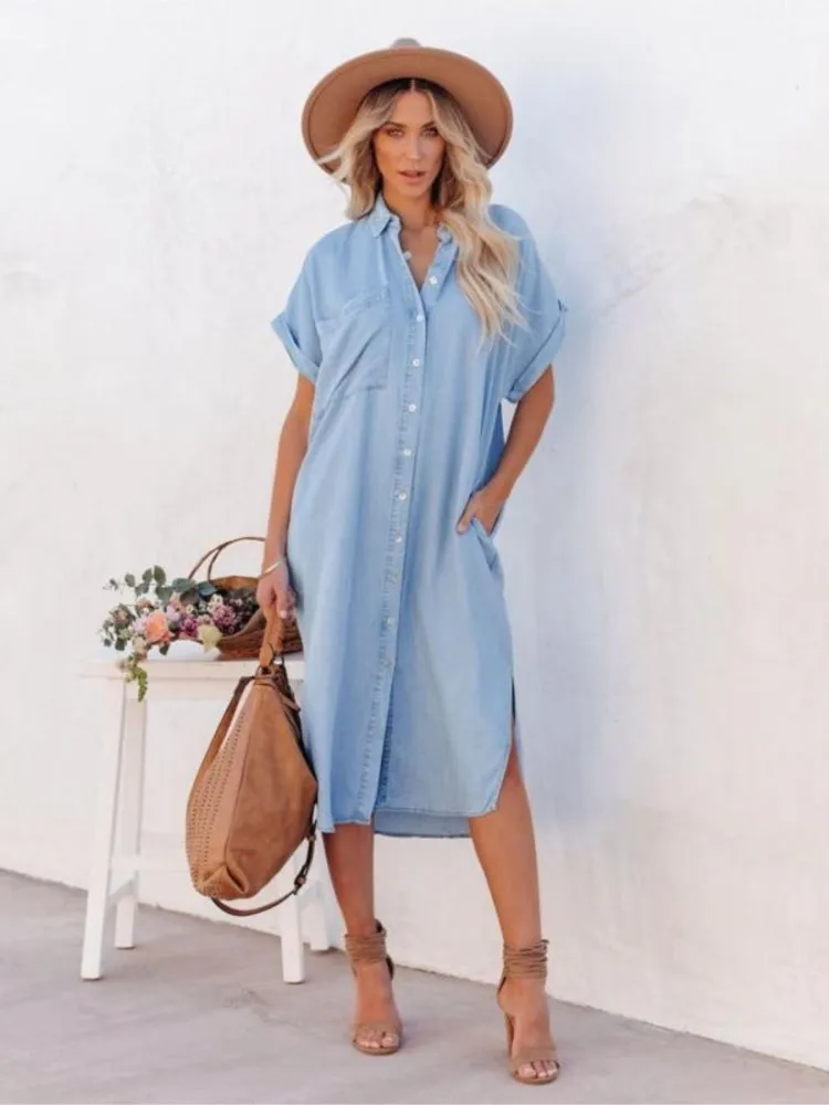 

Summer New Solid Color Women's Dress Fashion Loose Denim Short Sleeve Short Sleeves Knee-length Skirt Casual Female Clothing